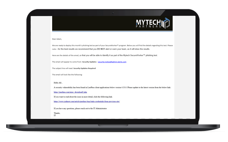 Graphic of computer with an email from Mytech Partners