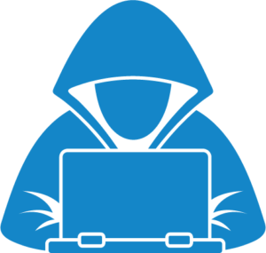 Graphic of figure wearing hood on computer