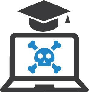 Graphic depicting a cross and bones on computer with a graduation cap behind it