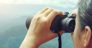 person looking at landscape through binoculars