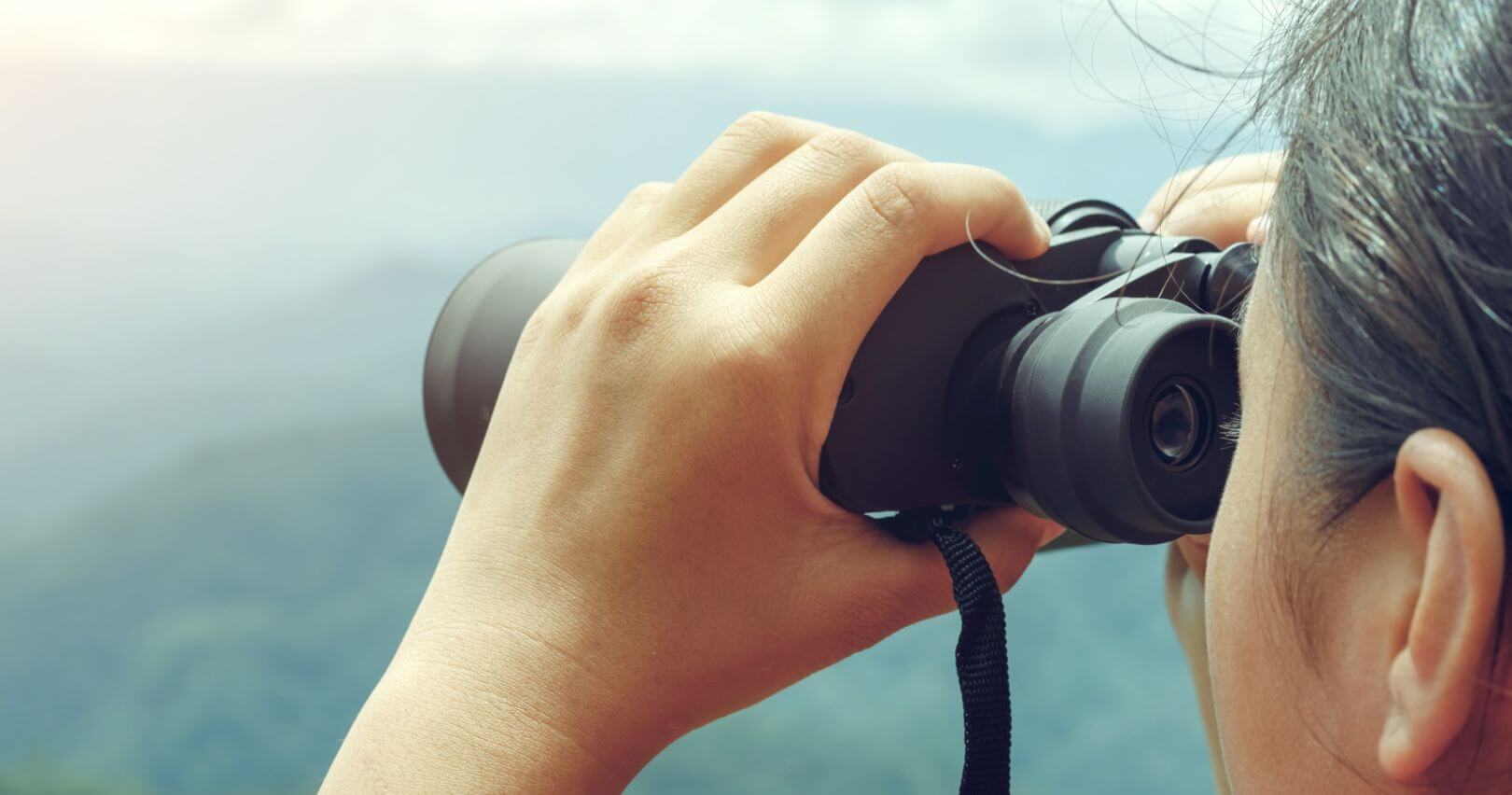 Photograph of a person using binoculars