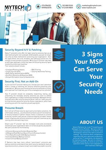 Mytech pamphlet saying, "3 Signs Your MSP Can Serve Your Security Needs"