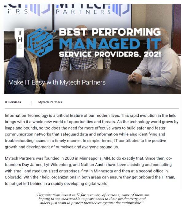 Screenshot of article entitled, "Best Performing Managed IT Service Providers, 2021"