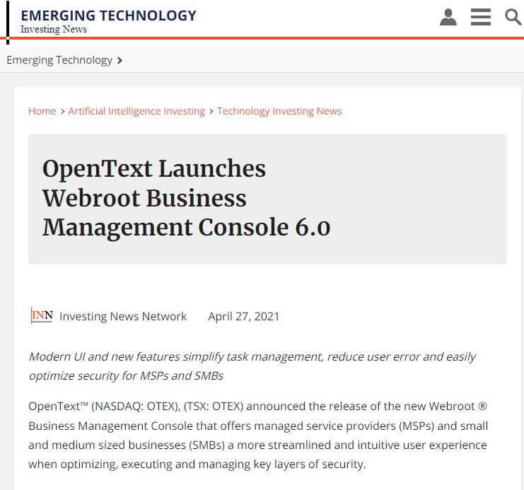 Screenshot of article entitled, "OpenText Launces Webroot Business Management Console 6.0"