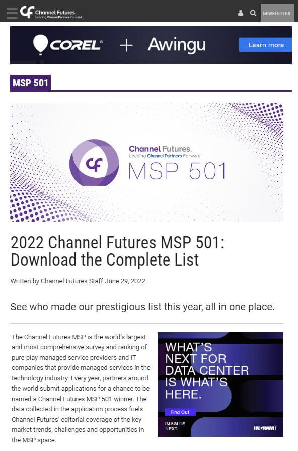 Screenshot of article entitled, "2022 Channel Futures MSP 501: Download the Complete List"