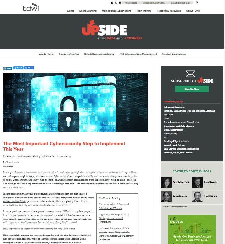 Screenshot of an article entitled, "The Most Important Cybersecurity Step to Implement This Year"
