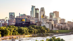 Downtown Minneapolis skyline viewed from across the river.