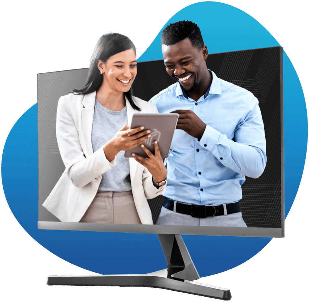 Two people reviewing information on a tablet.