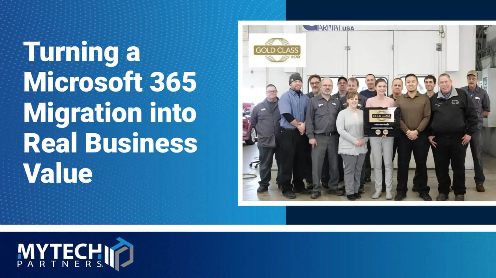 Automotive service team celebrating successful Microsoft 365 migration and modernization.