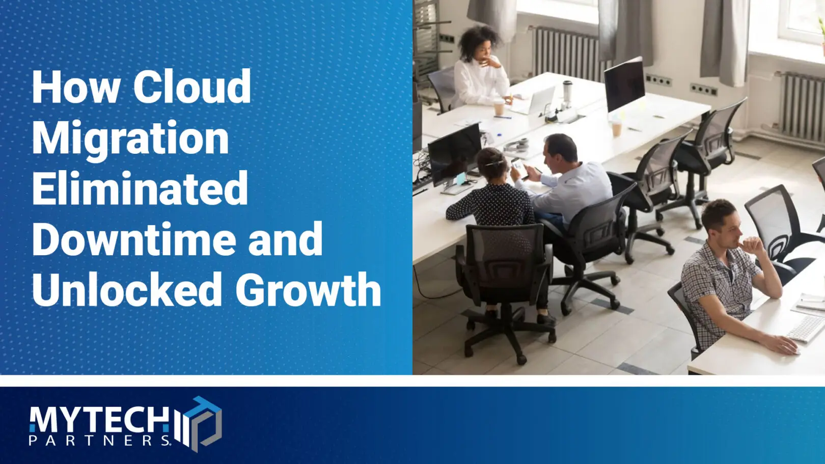 Office staff collaborating in a modern workplace following a cloud migration initiative.