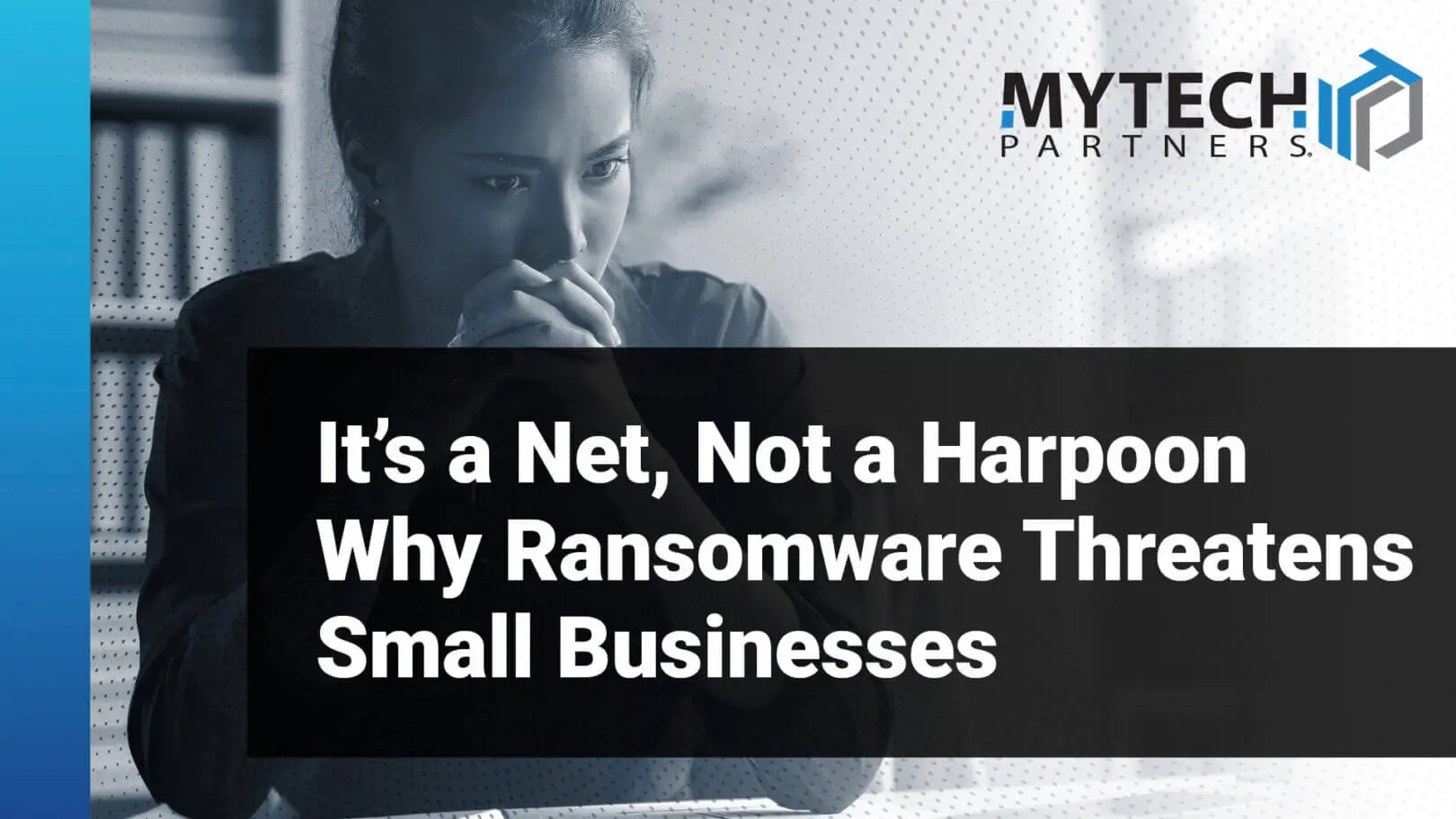 Featured image showing a person working at a computer with text about ransomware risks facing small businesses.