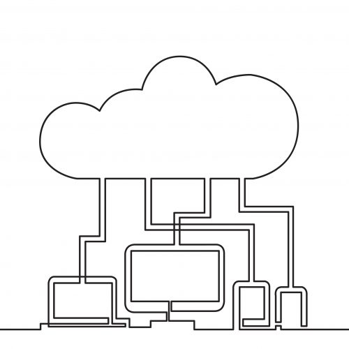 one line drawing of isolated vector object – digital devices connected via cloud one line drawing of isolated vector object - digital devices connected via cloud